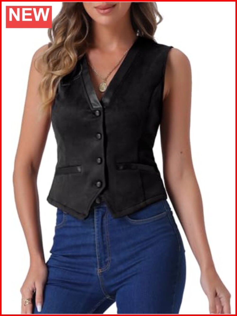 Faux Suede V-Neck Button Down Sleeveless Western Vest Women Waistcoat